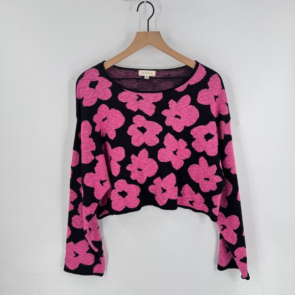 Boutique Promesa Black Pink Floral Print Sweater Long Sleeve Cropped Size S - Picture 1 of 6